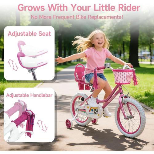 WinHope Girls Bike with Doll Seat, 12 14 16 18 20 Inch Kids Bike for 2-12 | Dual Brake with Training Wheels / Kickstand & Streamers Birthday Gift for Toddler Outdoor Riding, Multiple Colors