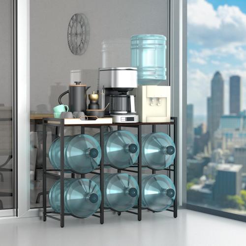 5 Gallon Water Jug Holder for 6 Bottles With Rustic Brown Wood Top Shelf - Heavy Duty Dispenser Stand for Home Kitchen/Office/Living Room