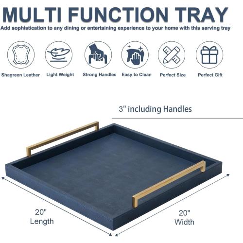 Large Navy Blue Decorative Tray for Ottoman,Stylish Rectangle Coffee Table Tray with Handles,Versatile Serving Tray for Living Room and Home Decor