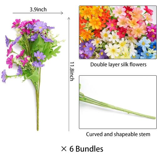 6 Bundles Outdoor Artificial Flowers for Decoration,Silk Flowers UV Resistant Fake Flowers No Fade Faux Flowers Bouquet Hanging Plants for Indoor Outside Farmhouse Home Garden Rainbow Daisy Mums