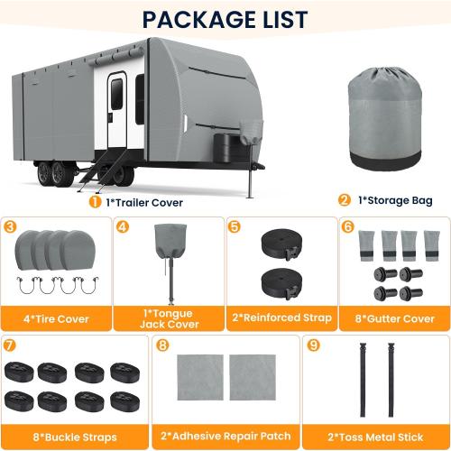 RV Cover, Upgraded Heavy Duty Waterproof RV Travel Trailer Cover Thick 7 Layers Top Fits 30'-33', Anti-UV & Windproof Camper Cover with Tongue Jack Cover, Tire Covers and Gutter Covers