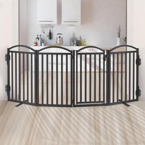 Size 80x36 Color Black Malier Metal Freestanding Dog Gates with Door, 36'' Height Outdoor Indoor Dog Fences, Extra Wide Foldable Puppy Gate for Stairs (Black, 【4 Panels with Door】 80''W × 36''H)