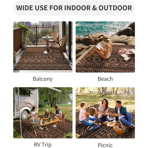 MontVoo-Outdoor Rug Carpet Waterproof Reversible Patio Rug RV Camping Rug-Plastic Straw Rug Outside Indoor Outdoor Area Rug for Patio Deck Balcony Picnic Beach Outdoor Decor Boho Black Brown