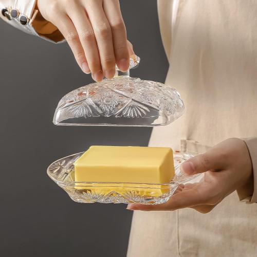 Glass Butter Dish with Lid and Stainless Steel Butter Knife, Farm House Butterfly Handle Thick Cover, European Butter Dishes, Sun Flower Butter Keeper Sticks Kitchen Dishwasher Safe