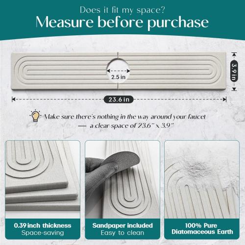 Light Grey 23.6x3.9 Stone Faucet Mat for Kitchen Sink – Diatomite Drying Stone Mat & Sink Protector, Prevent Moisture – Sink Splash Guard Water-Absorbing Stone Tray for Bathroom Counter [Light Grey,23.6 x 3.9]
