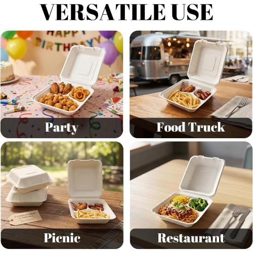 Lucklot 100 Pack 8×9 Inch 3-Compartment Compostable Bagasse Food Containers