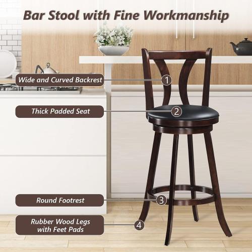 COSTWAY Bar Stools Set of 2, 360-Degree Swivel Stools with Leather Padded Seat, Single Slat Back & Solid Rubber Wood Legs, Counter Height Stools for Pub, Restaurant, Kitchen, Brown (2, 29inch)