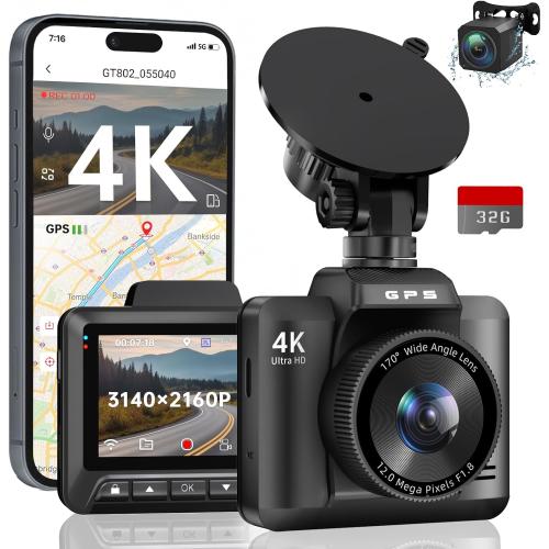 Dash Cam Front and Rear, Ecomoment 4K 1080P Dual Dash Camera for Cars, Built-in WiFi GPS Dashboard Camera, 2.4 IPS Screen Dashcam, 170° Wide, Night Vision, WDR, G-Sensor, 32GB SD Card Included