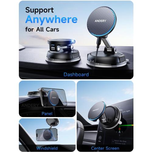 ANDERY Only for iPhone Magsafe Car Mount Charger, 15W Fast Wireless Charge | [78 LBS Strong Suction & 2400gf Magnetic] 360° Adjustable Car Mount Phone Holder, Car Interior Accessory with Dashboard Pad