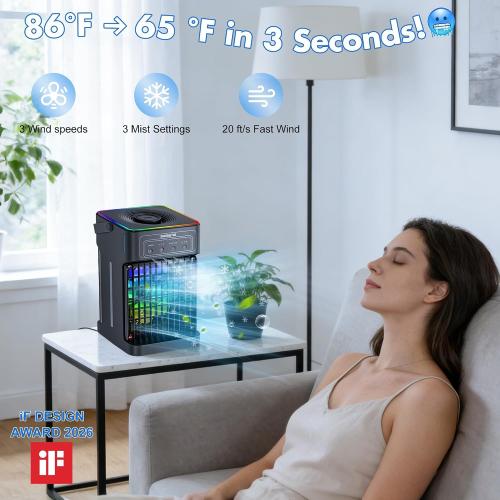 Portable Air Conditioners, 2026 Upgraded 4-IN-1 Quiet Portable AC Unit with Remote, 1100ML Tank Evaporative Air Cooler, 7 Color Light Personal Mini Air Conditioner