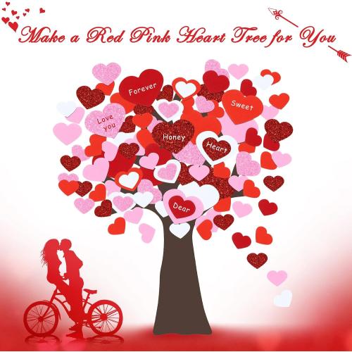 224 Pcs Heart Stickers Valentines Craft Kit Red Pink Foam Heart Shaped Tree Glitter Self Adhesive Stickers Valentines Classroom Gifts for Art Family Activity