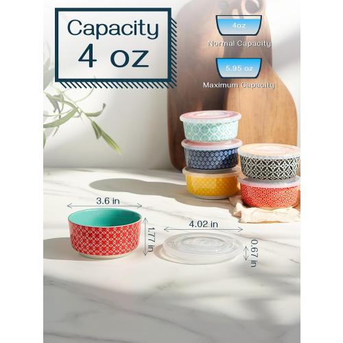 DOWAN Ramekins with Lids 4 oz Oven Safe for Creme Brulee Souffle, Ceramic Custard Cups for Baking, Small Bowls for Pudding Dip Ice Cream, Set of 6, Vibrant Colors