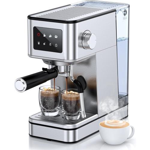 Espresso Machine, 20 Bar Compact Espresso Maker with Steam Milk Frother, Stainless Steel Coffee Machine with 57.5oz Removable Water Tank & LED Touchscreen Monitors for Latte (2025 updated model)