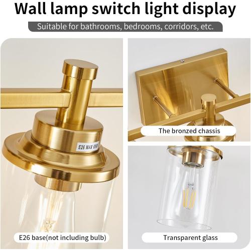 4 Light Brushed Brass Vanity Light Over Mirror, Gold Bathroom Fixtures, Vintage Wall Sconce With Clear Glass Shade, Brushed Gold Lights for Bathroom