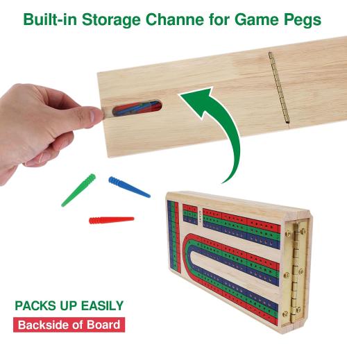 GOTHINK Folding Cribbage Board Game Set, Classic Wooden Cribbage Boards Game for Family Fun, 9 Multi-Colored Pegs, 3 Tracks, Red Green Blue Pegs for 2-3 Players
