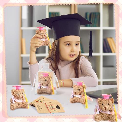 50 Pcs 2025 Preschool Graduation Bear Bulk Set with 25 Mini Graduation Gift Stuffed Bear 25 Adjustable Wish Bracelets Organza Bag for Class of 2025 Preschool Kid Child Student Grad Party Favor(Pink)