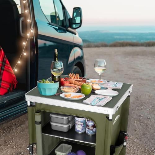 EAGLE PEAK Outdoor Folding Camping Table with Large 3-Tier Storage Organizer and Side Pockets, Easy Set Up Portable Aluminum Camping Kitchen, Green