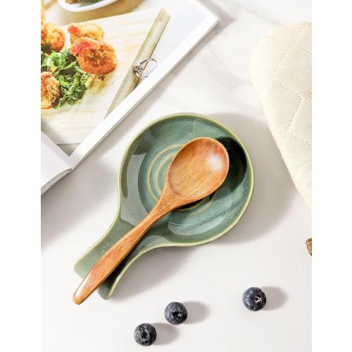 Spoon Rest for Kitchen, Ceramic Spoon Holder for Kitchen Counter, Cooking Spoon Holder, Farmhouse Cooking Utensil Holder for Spoons, Ladles, Spatula, Teal Green