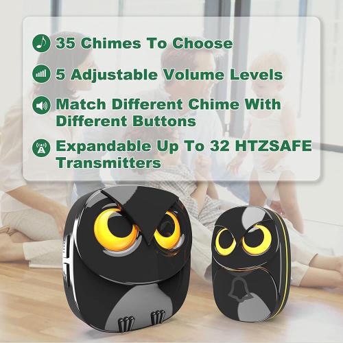 Wireless Doorbell, Cute Owl Doorbell Weatherproof IP55 Outdoor Remote Push Button- 1000 Feet Long Wireless Range, 1 Receiver   1 Transmitter, Black