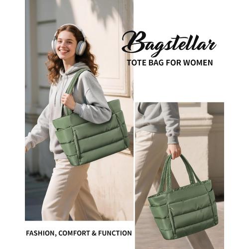 Puffer Tote Bag for Women, Lightweight Puffy Work Handbag Teacher Nurse Quilted Shoulder Bag for School Travel Gym | Cloud Bag w/ Zipper, Daily College Bags, 15.6 Computer Bag, Clinical Nursing Bag, 40 OZ Tumbler Holder, Ideal Gift for Women