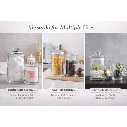 KMWARES 3PCs Set Small Mini Clear Glass Premium Quality Apothecary Jars/Bathroom Storage/Vanity Organizer Canisters for Cotton Balls/Swabs, Makeup Sponges, Bath Salts, Q-Tips (3Jar)