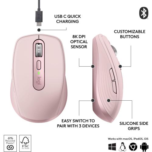 Logitech MX Anywhere 3S Compact Wireless Mouse, Fast Scrolling, 8K DPI Any-Surface Tracking, Quiet Clicks, Programmable Buttons, USB C, Bluetooth, Windows PC, Linux, Chrome, Mac - Rose
