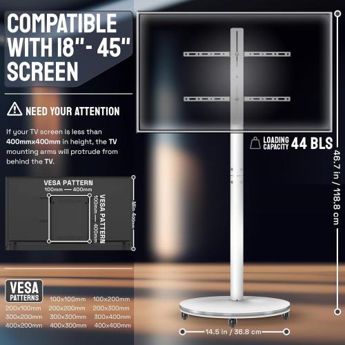 Mobile Floor TV Stand for 18-45 inch Screen with RGB Lights Base, Universal Swivel TV Stand, Height Adjustable, Tiltable, Holds up to100lbs, Equip with Scilent Wheels with Brakes