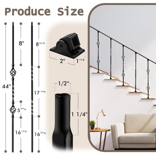 30 Pack Wrought Iron Balusters for Staircase Interior, 1/2 x 44 Hollow Deck Spindles Stair Railing Indoor with 60 Fixed Swivel Shoes, Metal Double Basket Decorative Stair - Matte Black
