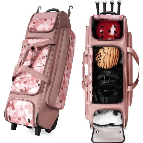 AUROTIER Large Rolling Baseball Catchers Gear Bag with Wheels, Wheeled Softball Bag for 4 Bats with Fence Hooks Waterproof Pocket Shoe Compartment for T-Ball Adult, Baseball Equipment Duffle Bag