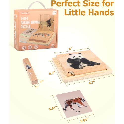 2 Pack Wooden Puzzles for Toddlers - 4 in 1 Safari Animal Chunky Puzzles Ages 2-4, Preschool Educational Montessori Toys Gifts for 2 3 4 Year Old Boys Girls