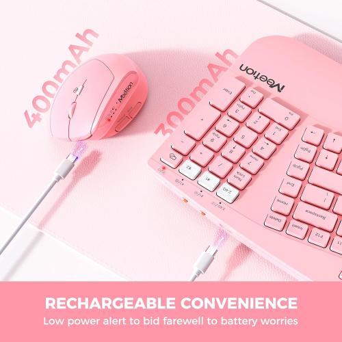 MEETION 2025 Upgrade Pink Ergonomic Keyboard and Mouse, Multi-Device Bluetooth/2.4G Keyboard, 3 DPI Adjustable Wireless Mouse, Full-Sized Rechargeable Cordless for PC/Computer/Laptop/Window
