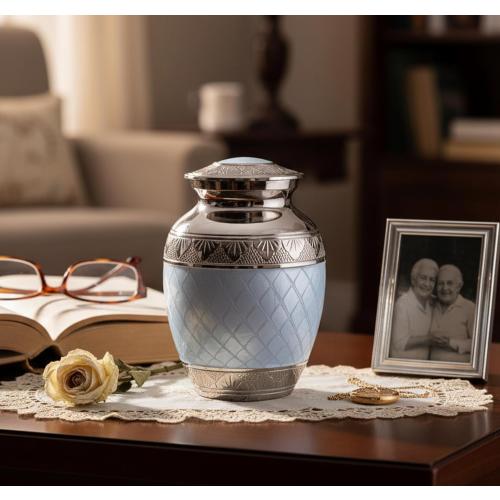 Size 6 Color Blue eSplanade Metal Cremation Urn Memorial Jar Pot Container | Medium Size Urn for Funeral Ashes Burial | Engraved Metal Urn | Blue - 6 Inches
