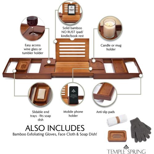 Temple Spring Bamboo Bathtub Tray Caddy for Tub — Expandable Wood Bath Tray with Solid Book Stand Wine Holder and Non-Slip Pads — Includes Bamboo Soap Dish and Spa Accessories — Luxury Bath Gift Set