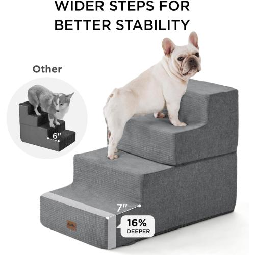 Made4Pets Dog Steps for Bed, Extra Wide Dog Stairs for High Bed Couch Sofa, 35D Foam Pet Steps for Small Dogs and Cats, Non-Slip Bottom Pet Stairs, Grey, 4 Steps