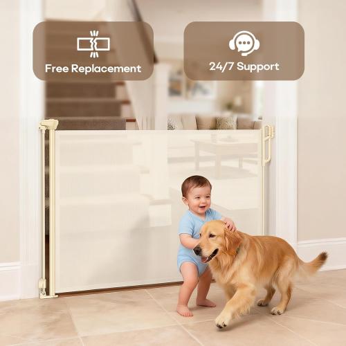 SPACEANY Retractable Safety Baby Gate or Mesh Dog Gate,Durable Portable Mesh Retractable Gate,Easy to Use for Stairs, Doorways, Hallways, Indoor, Outdoor, 33.5 Tall, Up to 45 Wide, Cream