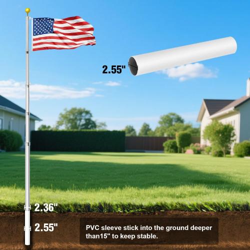 Panta 20FT Telescoping Flag Pole Kit, Extra Thick Heavy Duty 14 Gauge Telescopic Flagpole Fly 2 Flags, Outdoor Aluminum Inground Flag Poles with 3x5 American Flag for Residential, Yard or Commercial‼️light dirt‼️