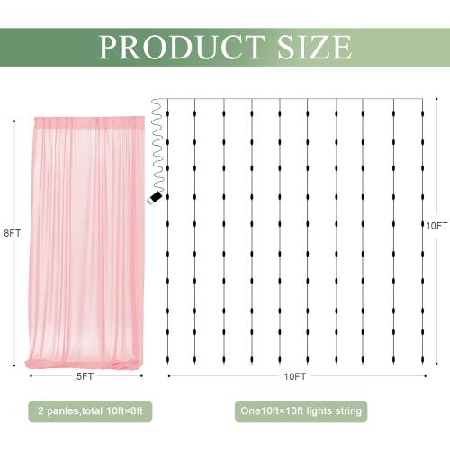 Tulle Backdrop Curtain with Lights String 10FT X 8FT Peach Sheer Tulle Backdrop Curtains for Wedding Birthday Party Reception Photo Booth Background Decorations (2 Panels 5x8FT)