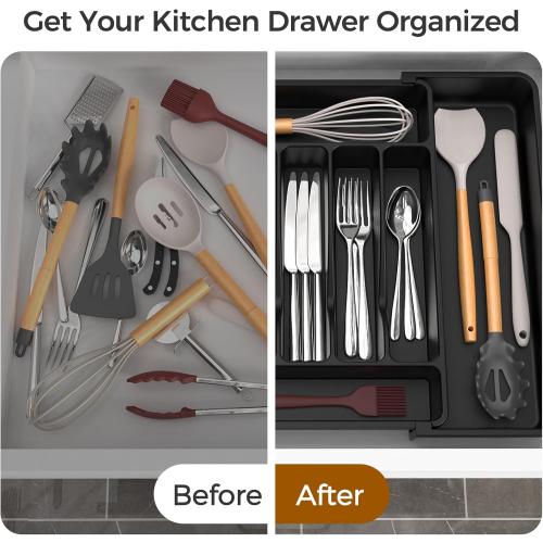 Extra Large Expandable Silverware Organizer, BPA-Free Food-Safe Cutlery Flatware Organizer, Kitchen Utensil Drawer Organizer, Adjustable Silverware Holder for Spoons Forks Knives, Black