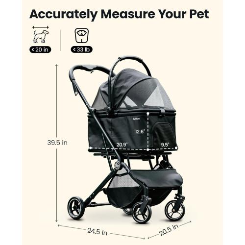 4 Wheels Pet Stroller, Dog Stroller for Small/Medium Dogs and Cats up to 33 lbs, One-Click Fold & Draggable, Removable Carrier, Zipperless Entry, Mesh Windows, Black