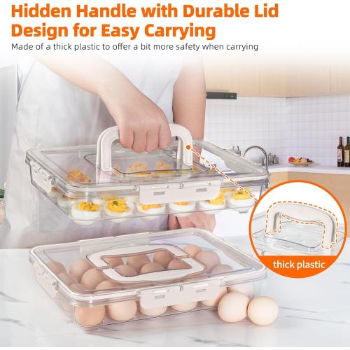 2 Pack Deviled Egg Containers with Lid and Handle, Durable Clear Plastic Deviled Egg Carrier Storage 48 Eggs, Stackable Egg Holder for Fridge, Portable Tray Platter for Party & Picnics-White
