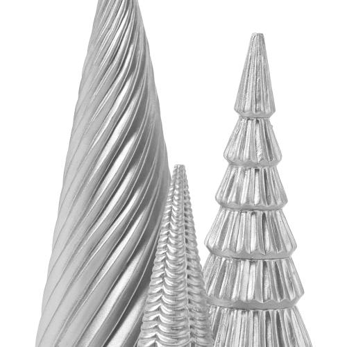 DN DECONATION Silver Christmas Tree Figurines Set of 3, Table Top Xmas Tree Decor with Glitter, Modern Pine & Swirl Design, Resin Christmas Trees for Mantel, Desk, Fireplace,Holiday Centerpiece