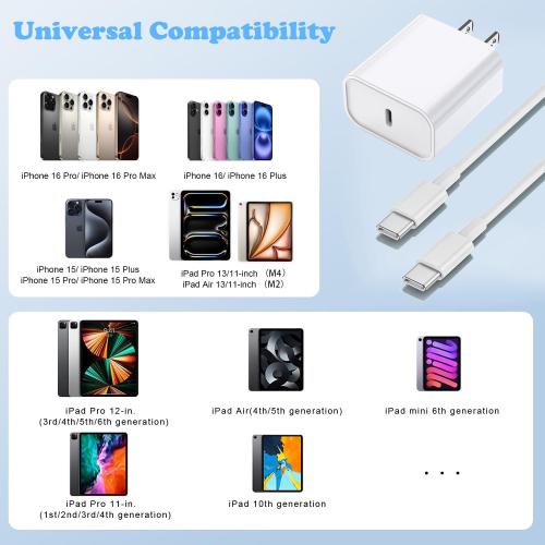 iPhone 16/15 Charger, USB C Charger, 2-Pack 20W Type C Fast Wall Charge Power Adapter, 6FT 60W USB-C to C Cable for iPhone 16/15 Pro/15 Pro Max, iPad Pro 12.9/11 inch, New iPad Air 5/4th, AirPods Pro