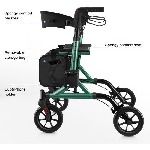 WALK MATE Rollator Walker for Seniors with Cup Holder, Upgraded Thumb Press Button for Height Adjustment, 4 x 8 Wheels Walker with Seat Padded Backrest Folding Lightweight Walking Aid, Green