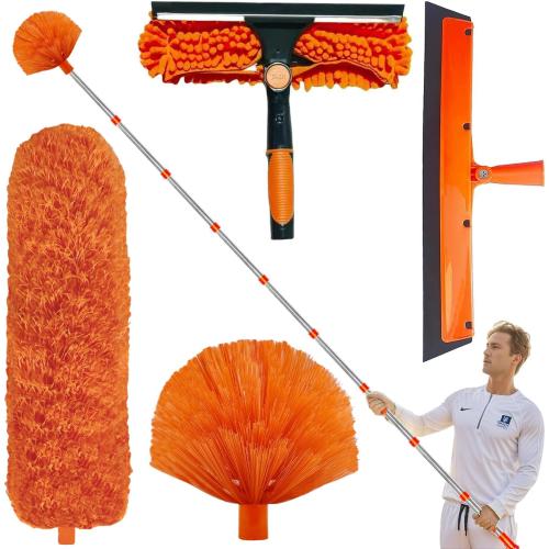 Orange 20  Feet High Reach Duster Kit with 3-14 ft Extension Pole // High Ceiling Dusting and Window Cleaning Kit with Spliceable Pole - Window Washer & Squeegee, Cobweb Duster, Fan Blade and Feather Dusters