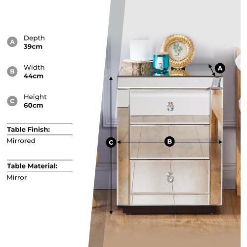 Furniturebox Italian Mirrored Nightstand - 3 Drawers Stunning Finish Bright Modern Bedside Table (the glass on the top is broken,  see the pictures)