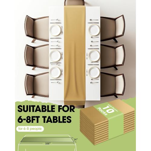 Pureegg Gold Plastic Table Runners - 10 Pack, 14'' x 108'', Water Resistant & Disposable Centerpiece Decorations for Table Cloth, Wedding, Birthday, Holiday, Baby Shower, Party, Home Decor