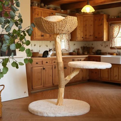 Modern Cat Tree, Natural Pear Wooden Cat Tower for Indoor Cats, Real Branch Luxury Cat Condo with Scratching Post & Hanging Toy Ball（35 Tall）