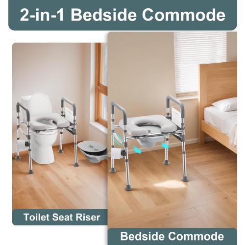 HOMLAND Toilet Seat Riser with Handles for Seniors, Removable Bedpan, 500lb | Aluminum Reinforced Crossbar, Padded Seat, Handicap Elevated Rised Toilet Seat for Elderly, Bedside Commode, Fit Any Toilet