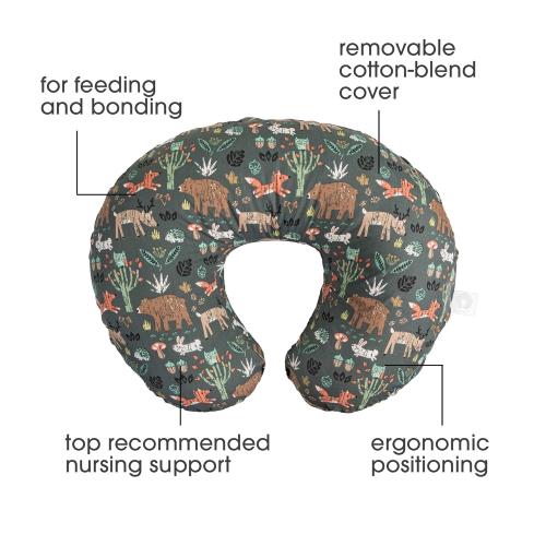 Color Green Boppy Original Nursing Pillow, Green Forest Animals, Ergonomic Nursing Essentials for Bottle and Breastfeeding, Firm Fiber Fill, with Removable Pillow Cover, Machine Washable