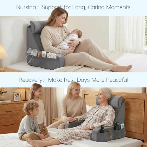 ENITYA 19 Back Support Pillow,Reading Pillow with Attached Arms & Large Pockets, Removable Washable Cover, Wedge for Sitting,Reclining,Watching TV,Post Surgery in Bed,Couch or Floor,Medium Firm,Grey